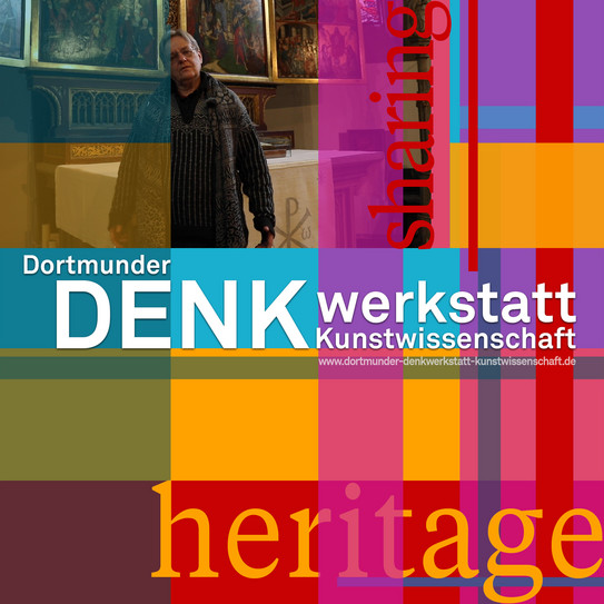 Buntes Emblem "sharing heritage" mit Videostill von Prof. Welzel